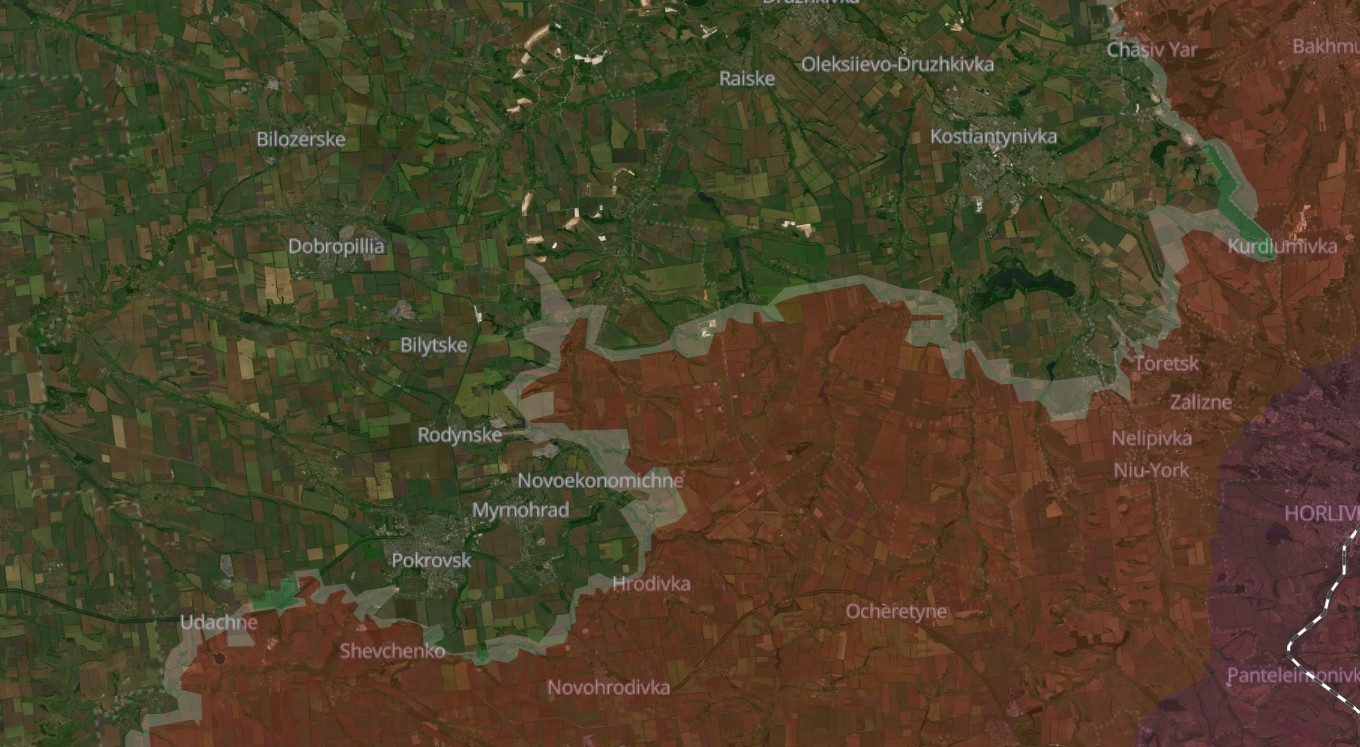 Rintamatilanne Pokrovskin ja Kostjantynivkan lähellä ukrainalaisen seurantasivuston mukaan. / deepstatemap.live