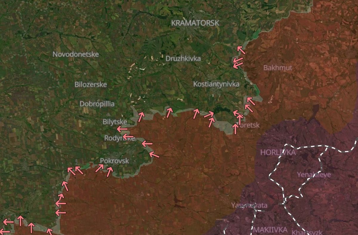 Venäläisten hyökkäyssuuntia Donetskin alueella ukrainalaisen tilannekartan mukaan. / deepstatemap.live